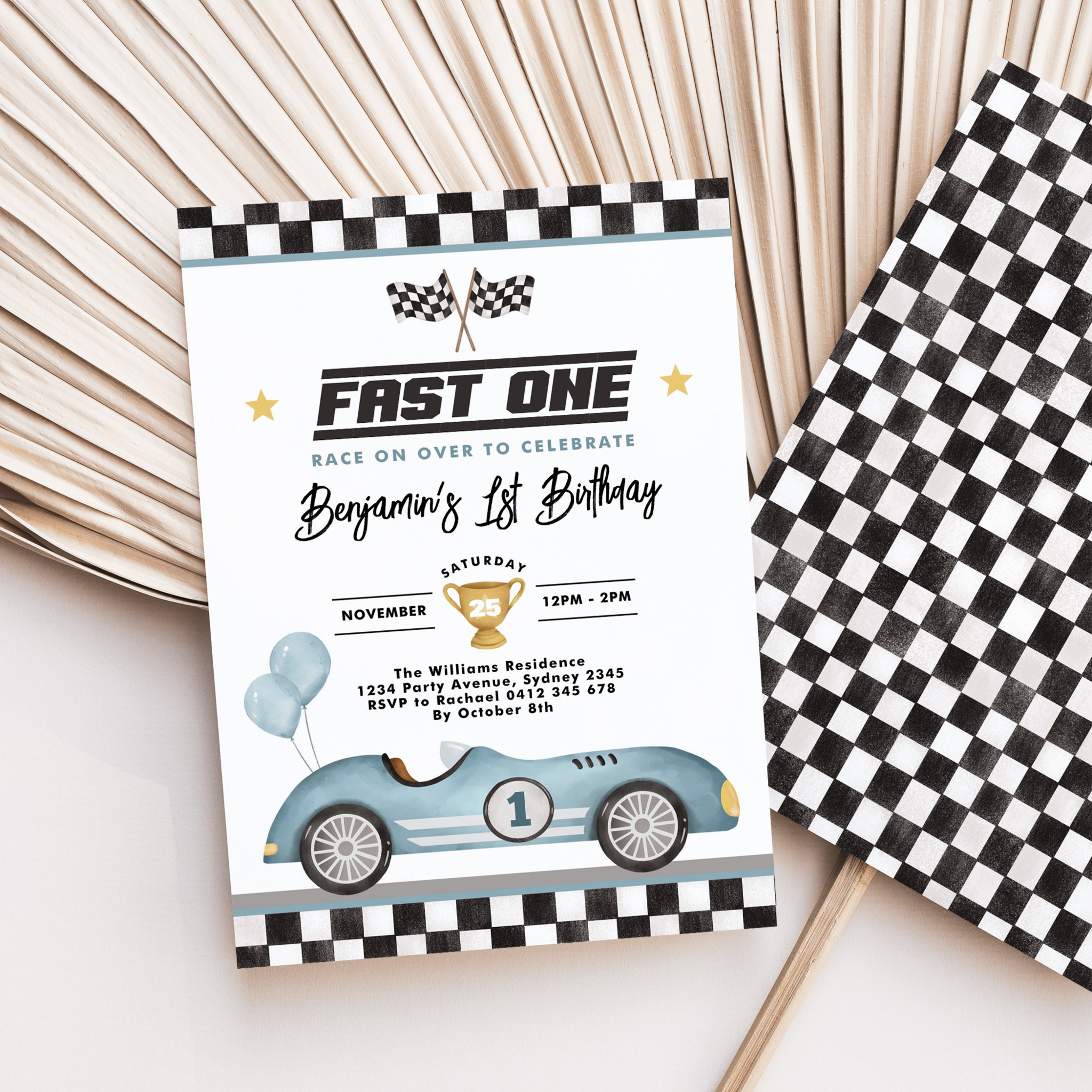 Retro Blue Fast One Race Car Boy 1st Birthday Invitation