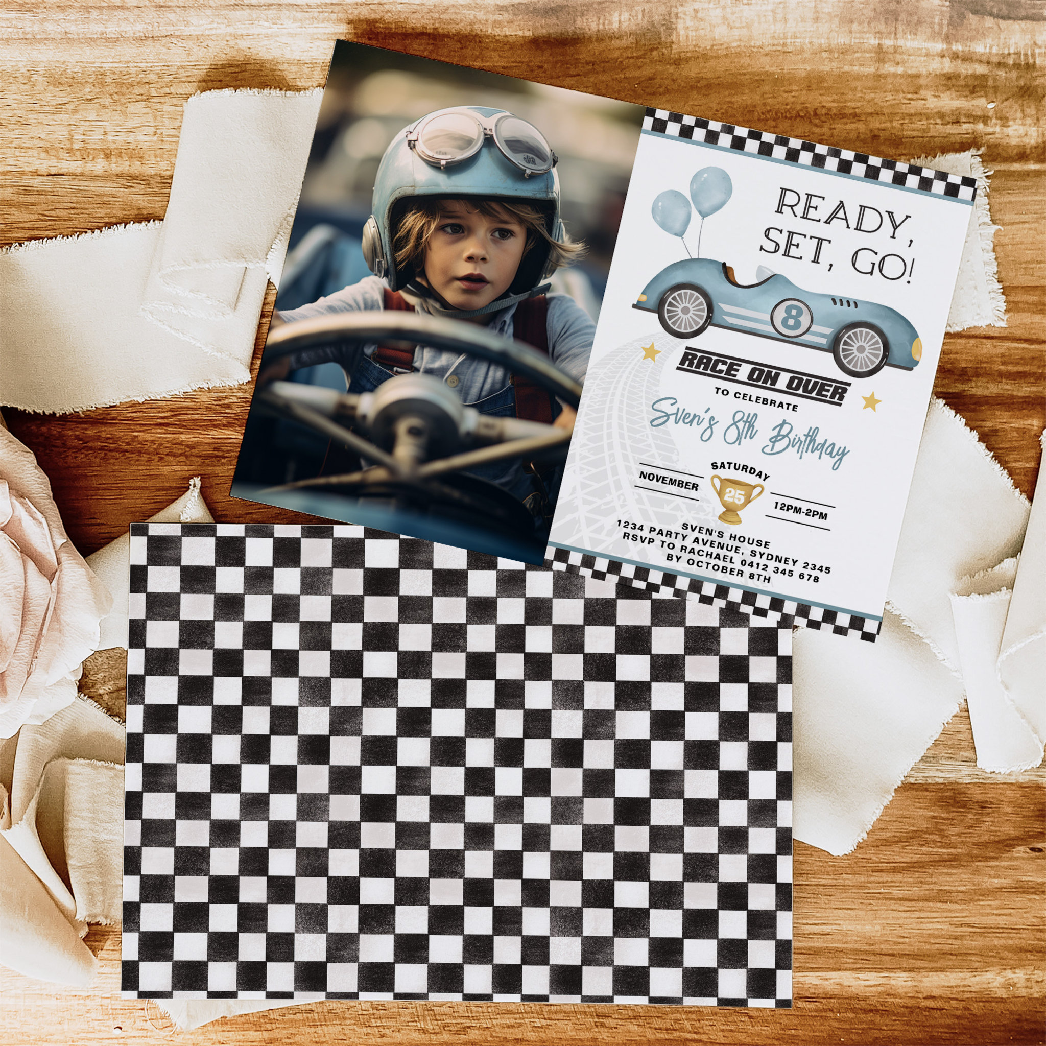 Retro Blue Race Car Balloon Boy Birthday Photo Invitation