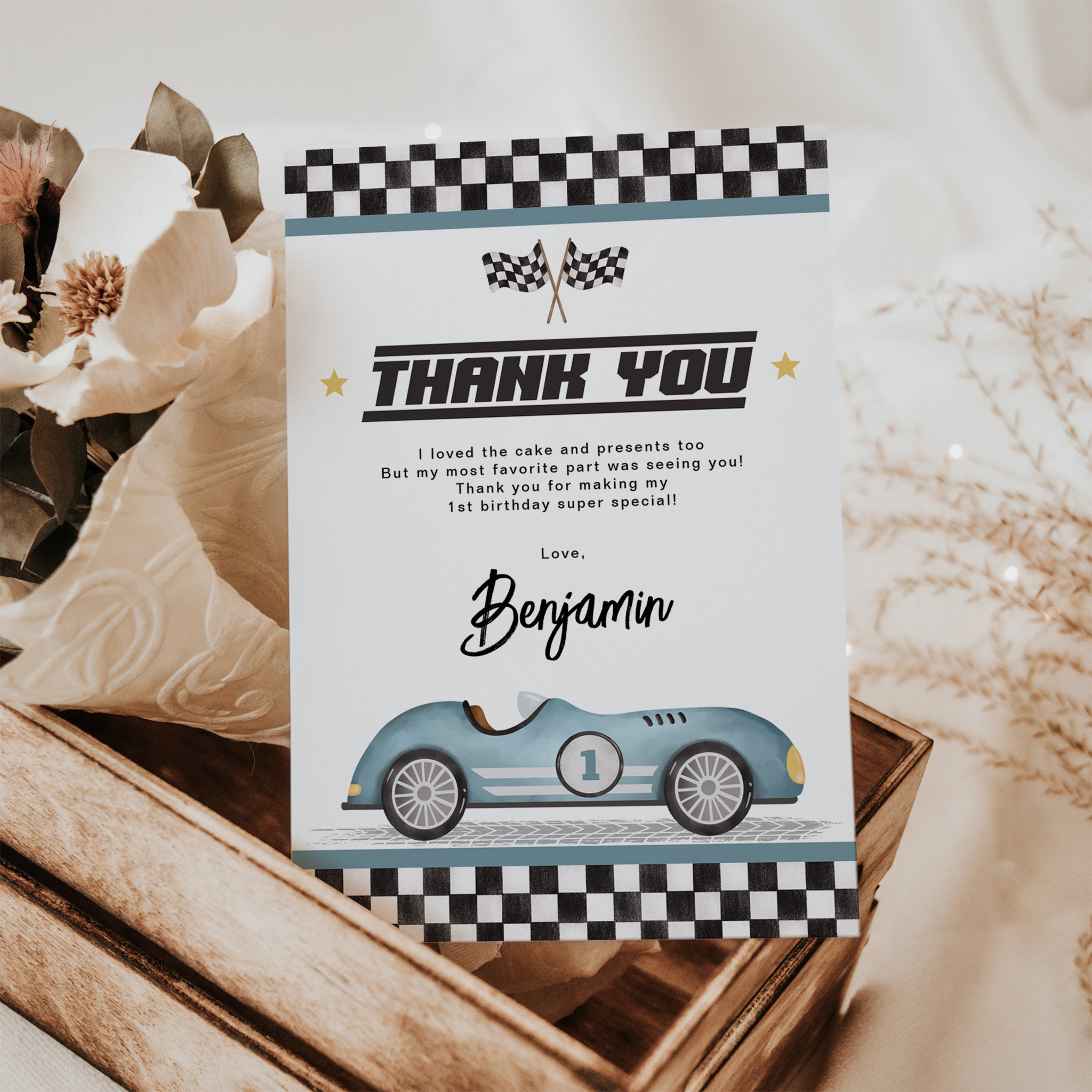 Retro Blue Race Car Boy Birthday Party Thank You Card