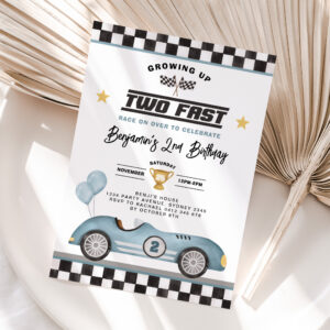 Retro Blue Two Fast Race Car Boy 2nd Birthday Invitation