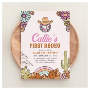Retro First Rodeo Western Girl 1st Birthday Invitation