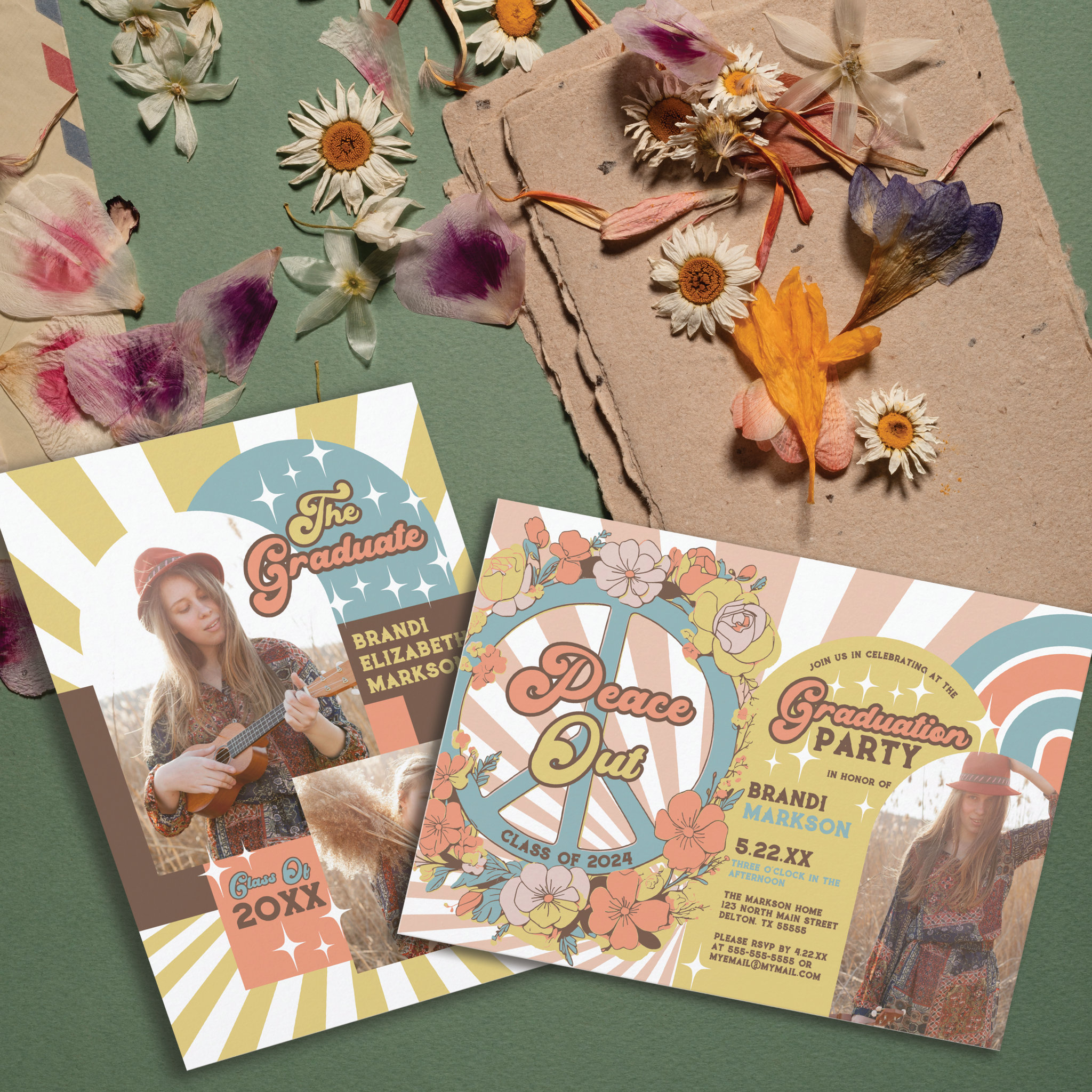 Retro Groovy Floral Arches Photo Graduation Party Invitation