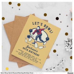 Retro Navy, Red & Mustard Bowling Birthday Party Invitation Postcard