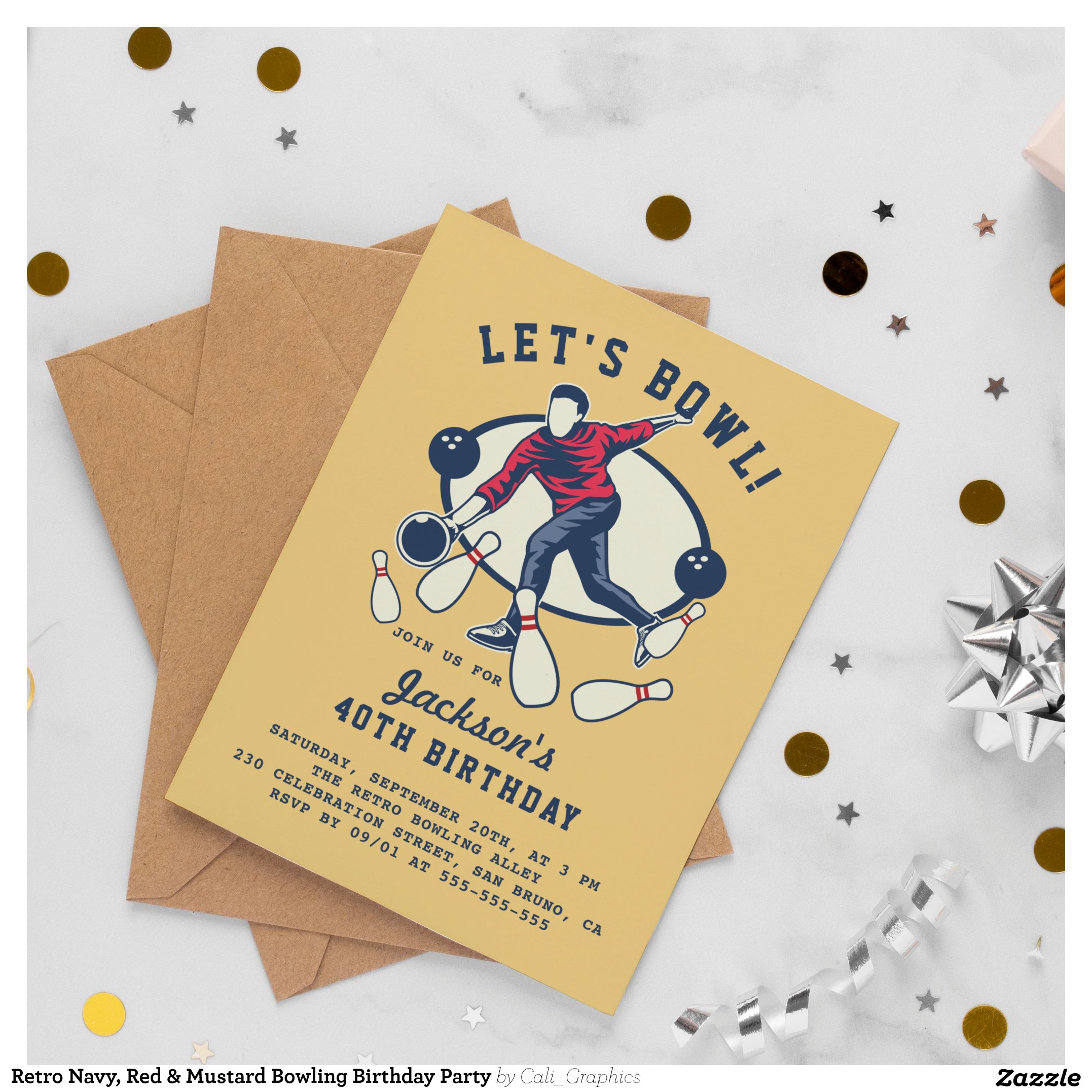 Retro Navy, Red & Mustard Bowling Birthday Party Invitation Postcard