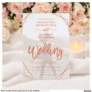 Retro orange frame simple photo script wedding invitation