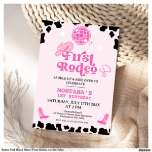 Retro Pink Black Disco First Rodeo 1st Birthday Invitation
