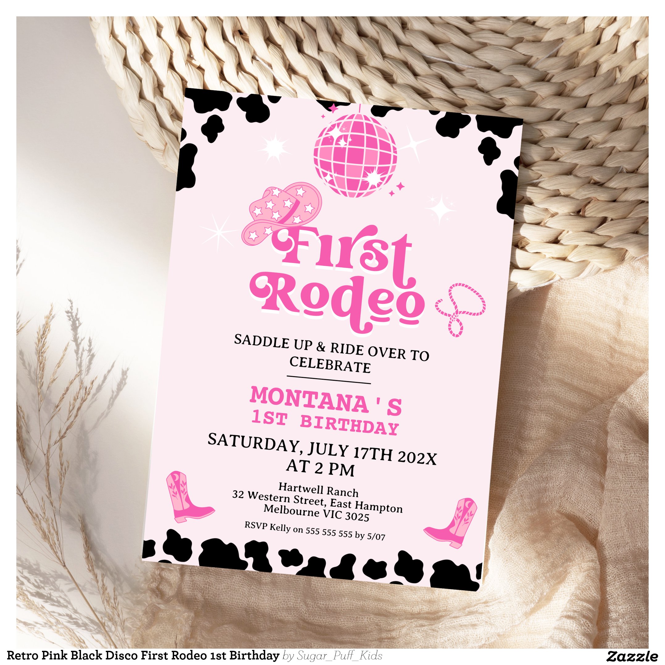 Retro Pink Black Disco First Rodeo 1st Birthday Invitation
