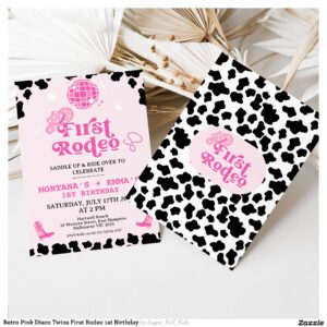 Retro Pink Disco Twins First Rodeo 1st Birthday Invitation