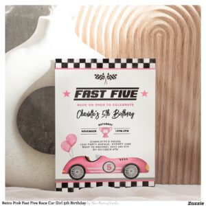 Retro Pink Fast Five Race Car Girl 5th Birthday Invitation