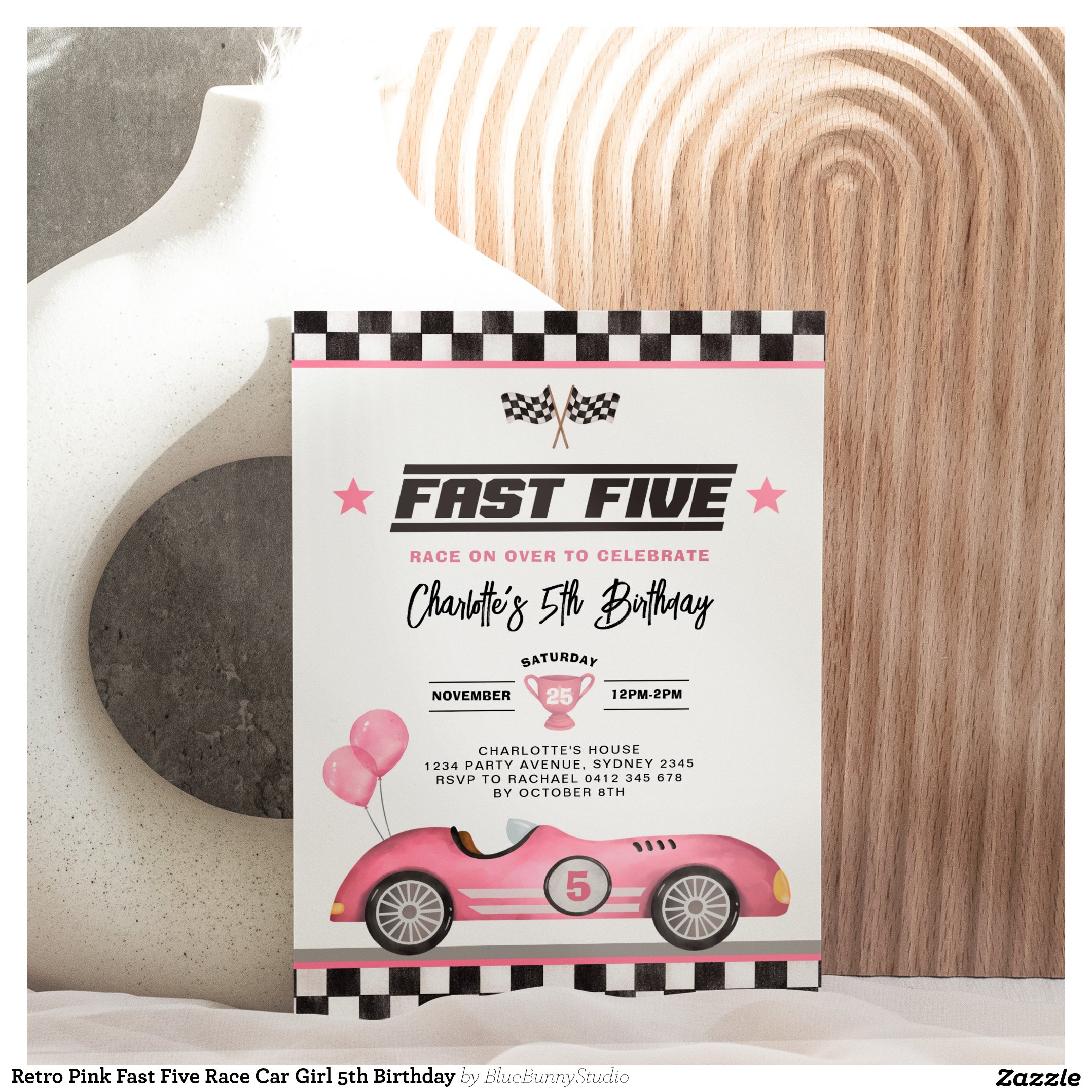 Retro Pink Fast Five Race Car Girl 5th Birthday Invitation