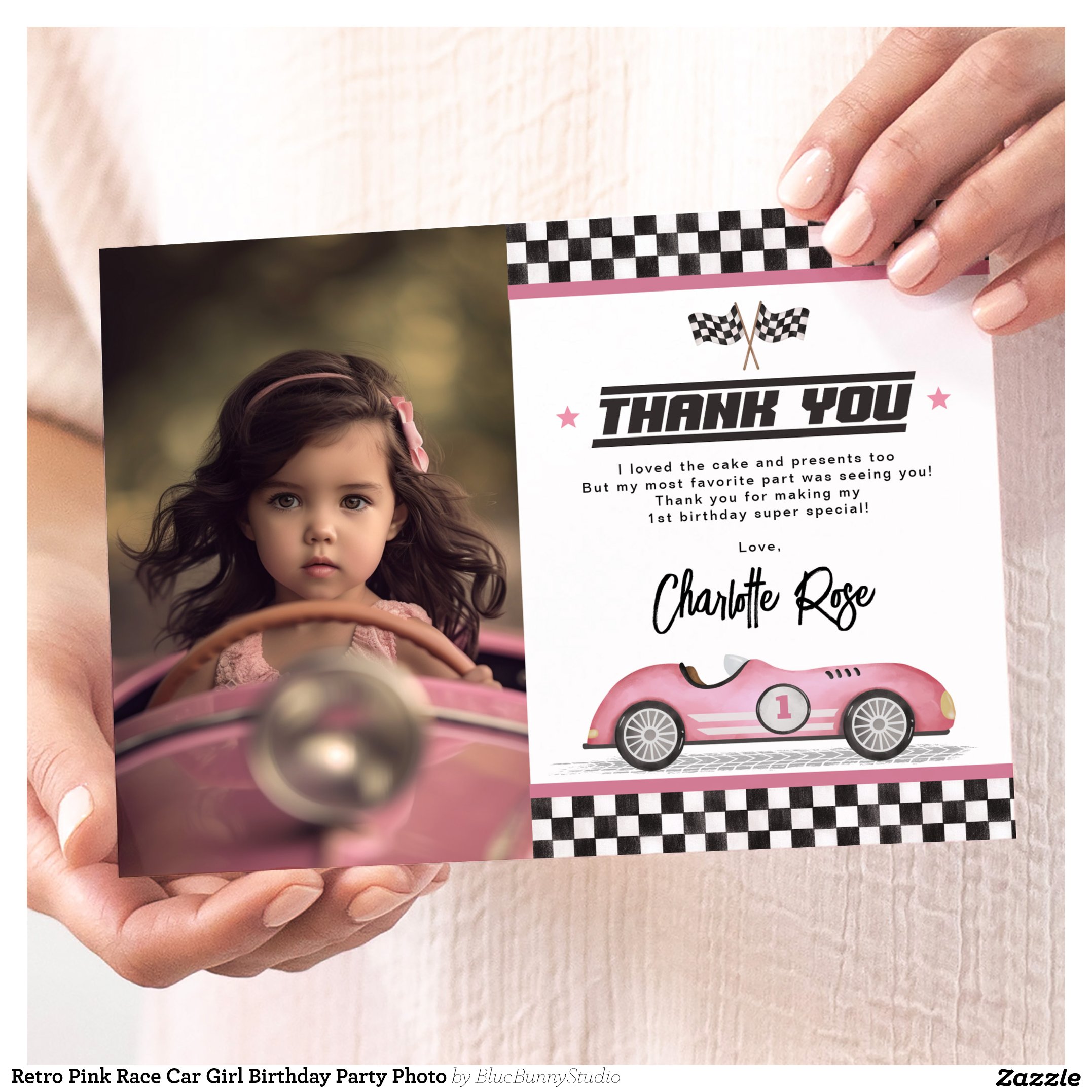 Retro Pink Race Car Girl Birthday Party Photo Thank You Card
