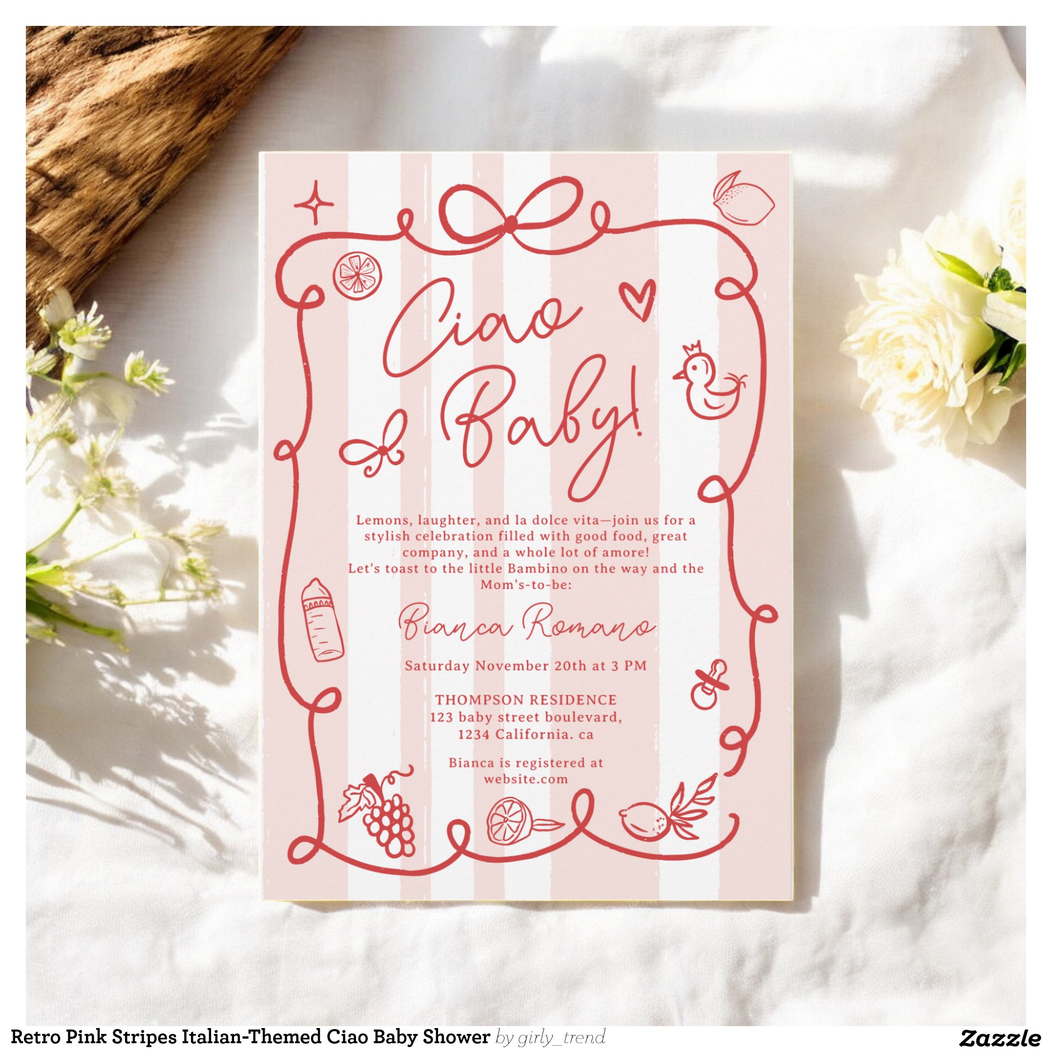 Retro Pink Stripes Italian-Themed Ciao Baby Shower Invitation