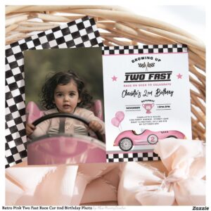 Retro Pink Two Fast Race Car 2nd Birthday Photo Invitation