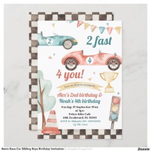 Retro Race Car Sibling Boys Birthday Invitation