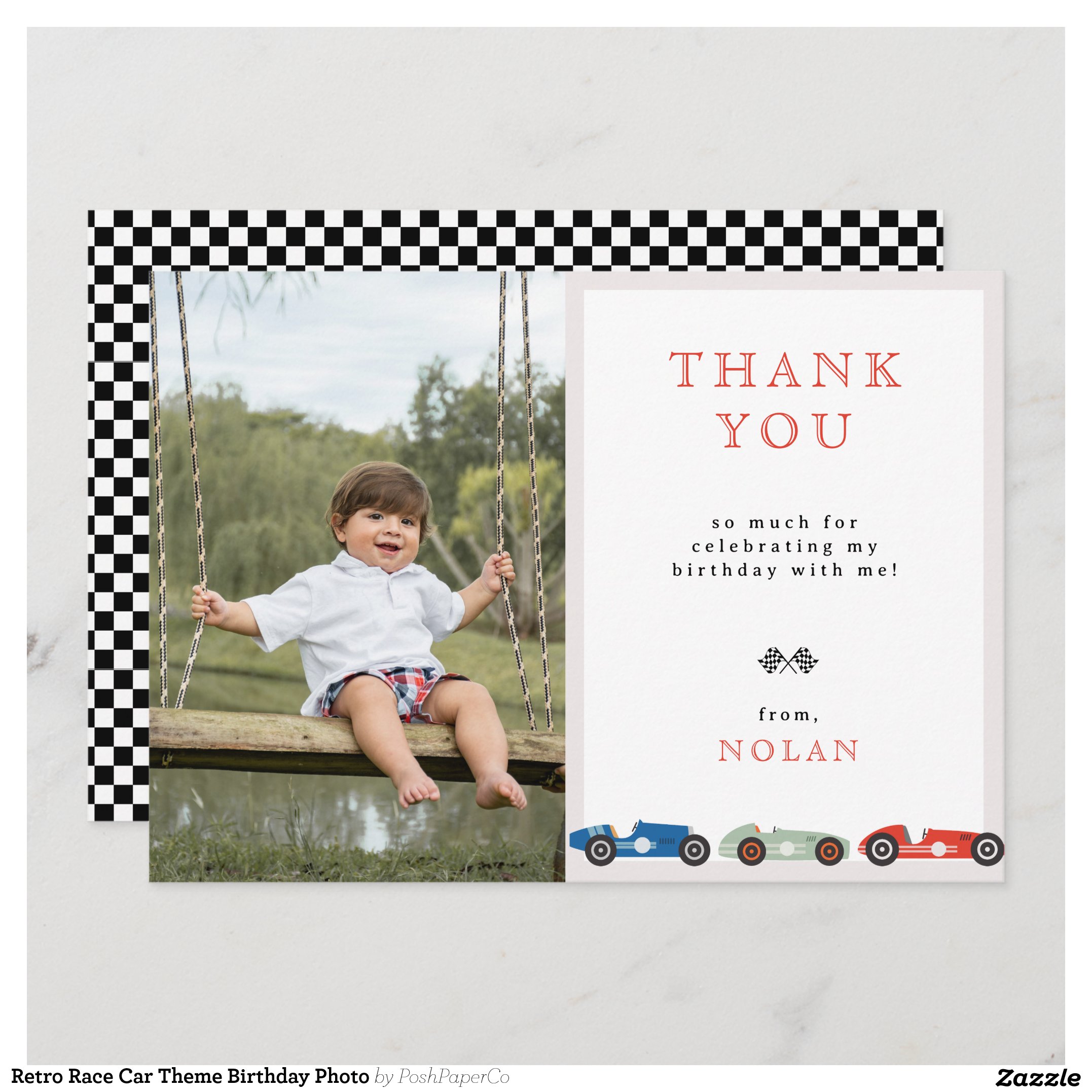 Retro Race Car Theme Birthday Photo Thank You Card