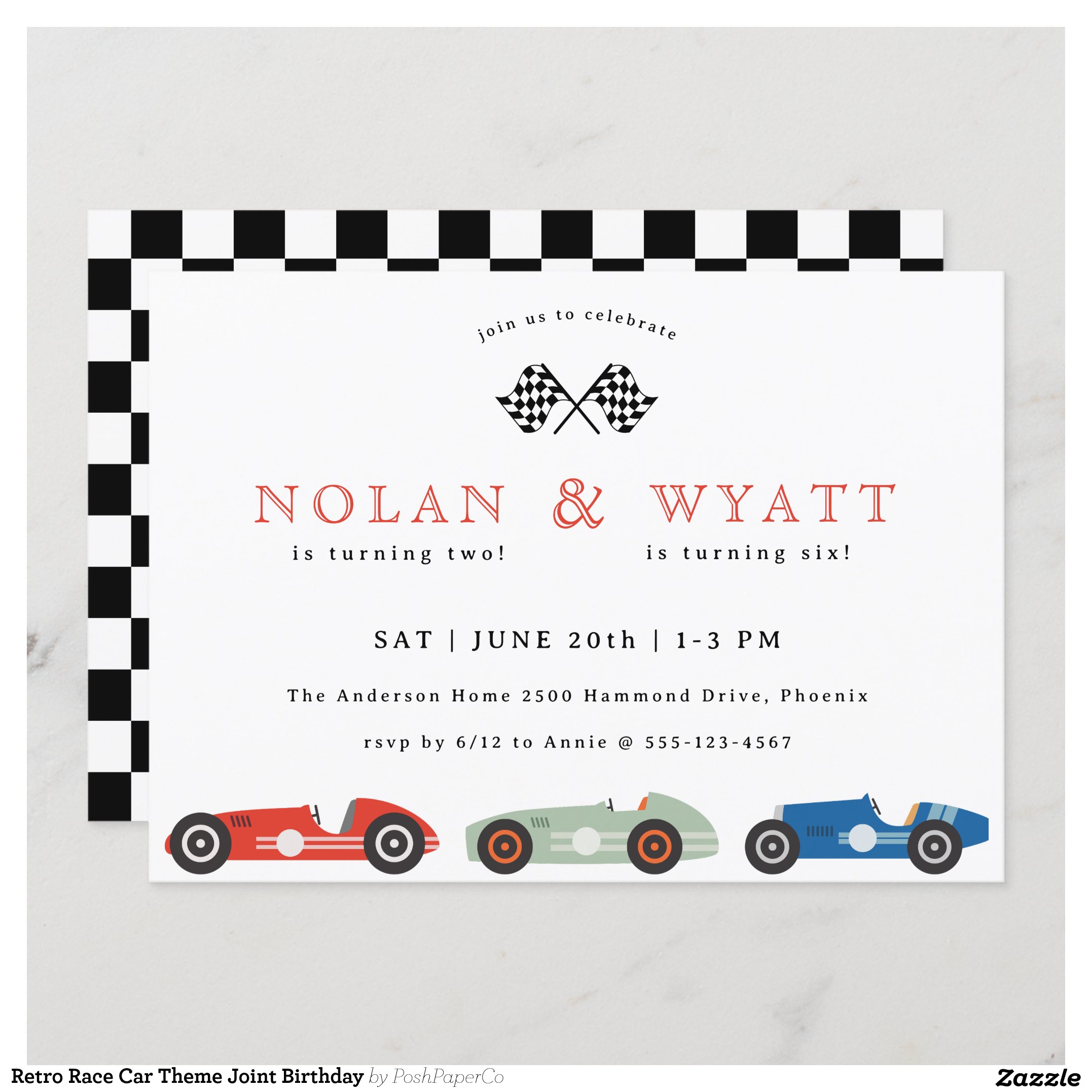 Retro Race Car Theme Joint Birthday Invitation