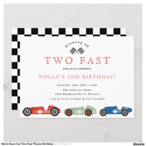 Retro Race Car Two Fast Theme Birthday Invitation