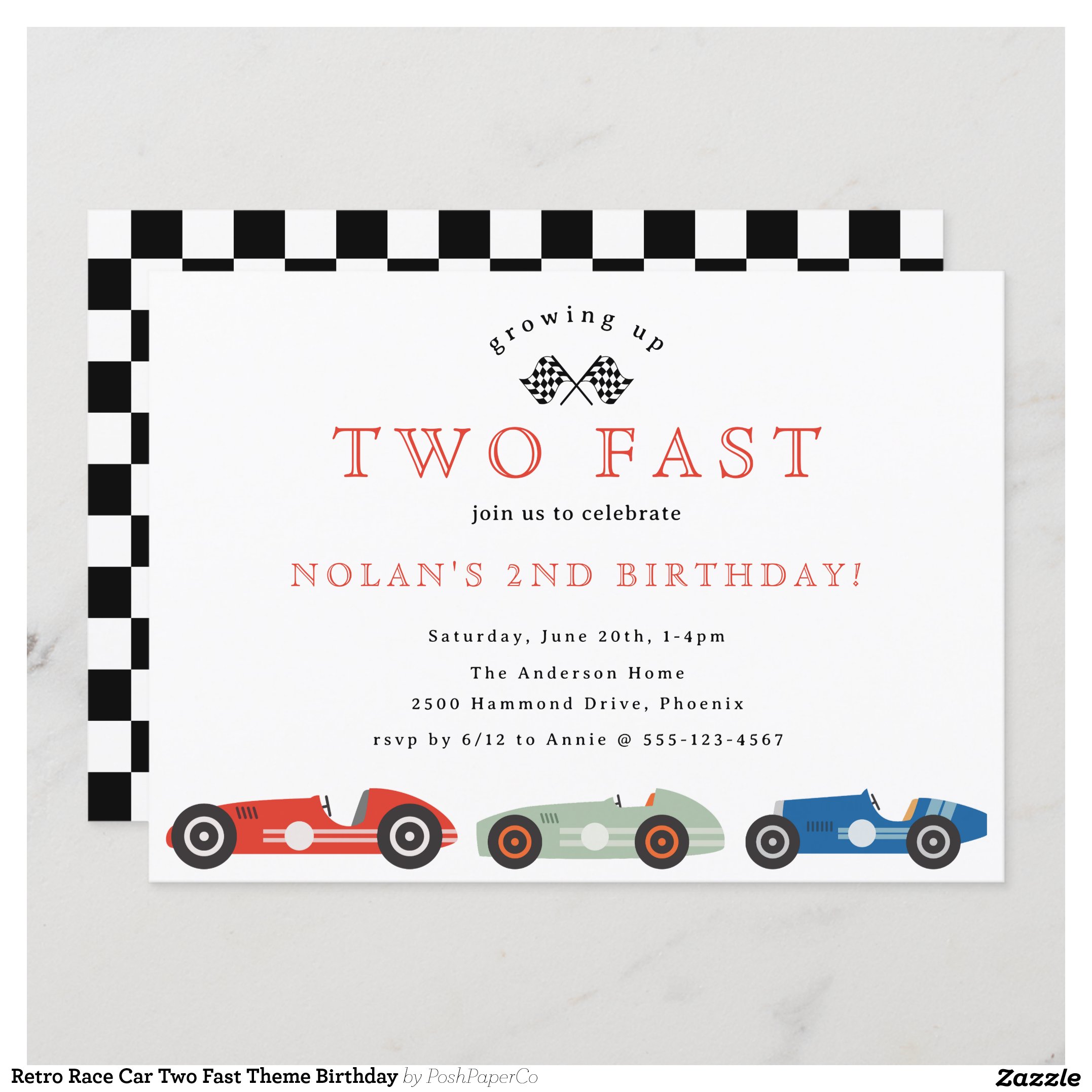 Retro Race Car Two Fast Theme Birthday Invitation