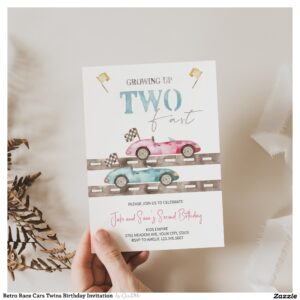 Retro Race Cars Twins Birthday Invitation