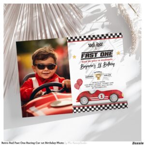 Retro Red Fast One Racing Car 1st Birthday Photo Invitation
