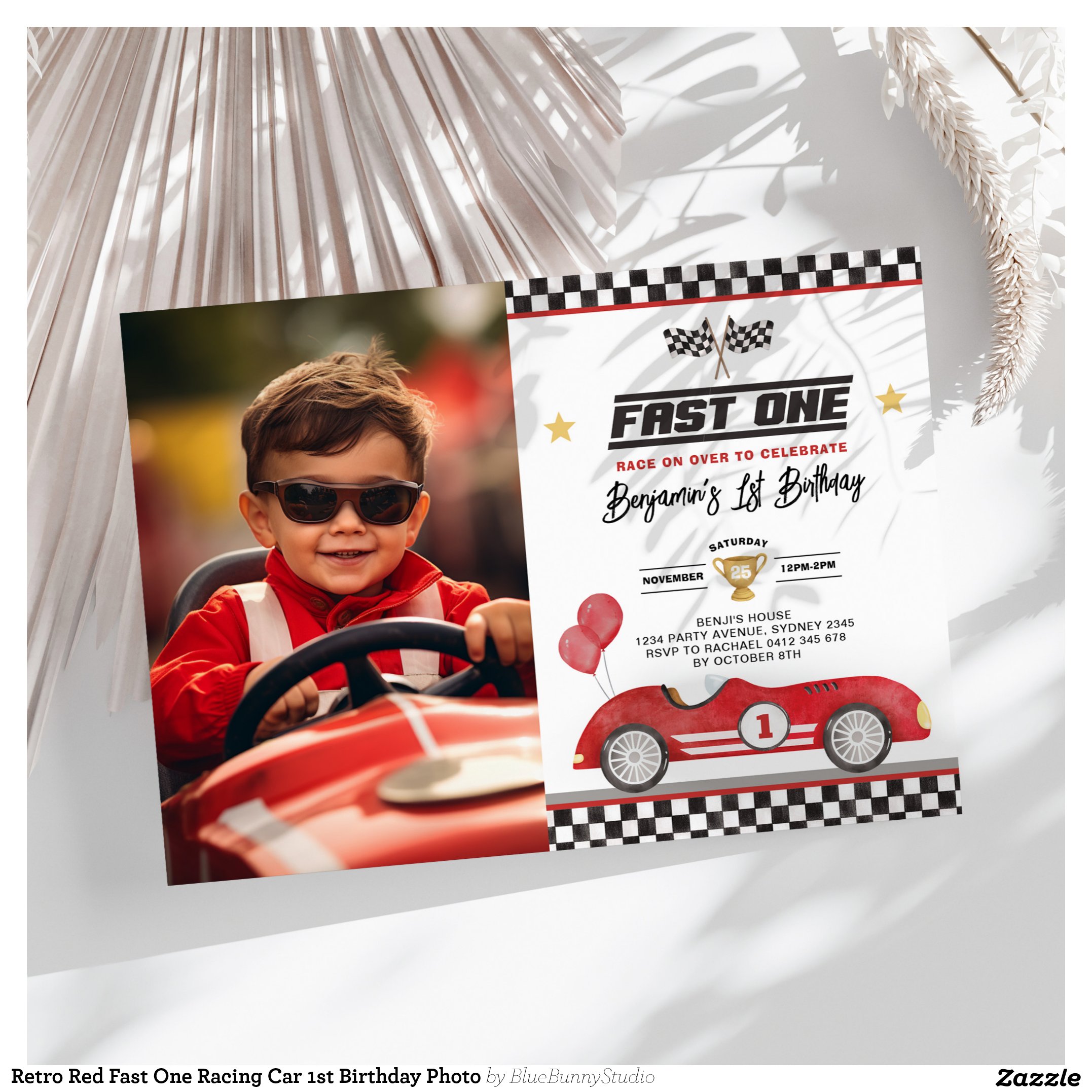 Retro Red Fast One Racing Car 1st Birthday Photo Invitation