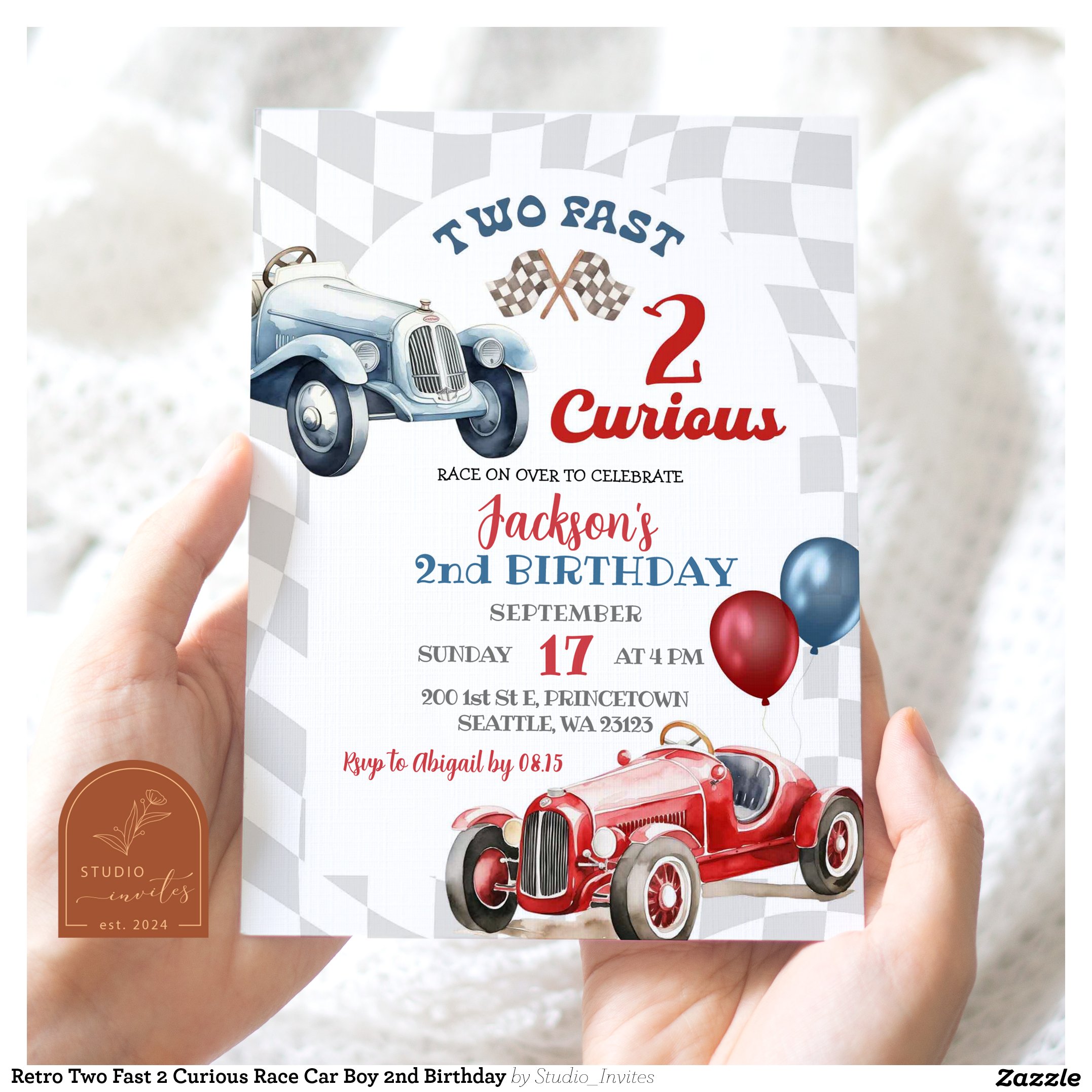 Retro Two Fast 2 Curious Race Car Boy 2nd Birthday Invitation