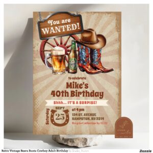 Retro Vintage Beers Boots Cowboy Adult Birthday Invitation