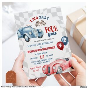 Retro Vintage Race Car Sibling Boys Birthday Invitation