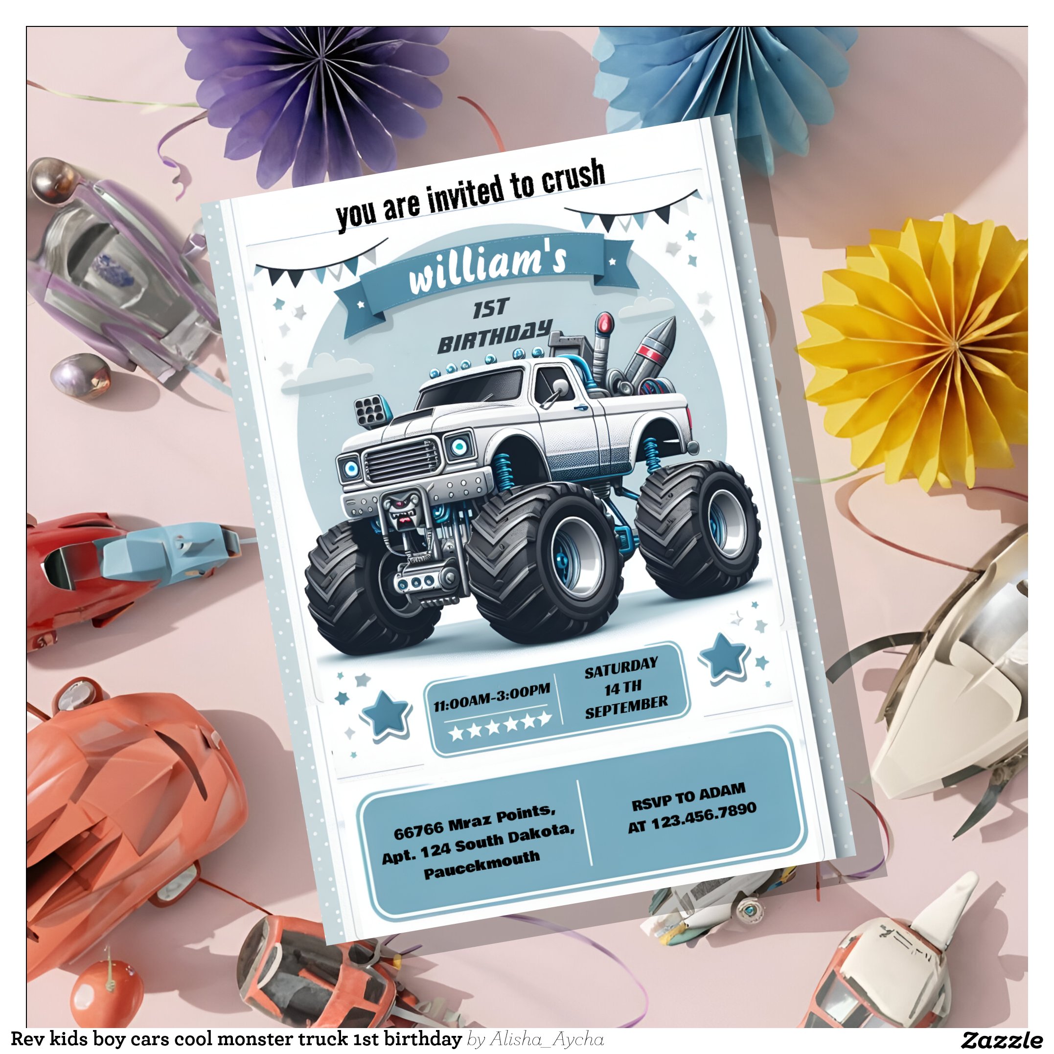 Rev kids boy cars cool monster truck 1st birthday invitation