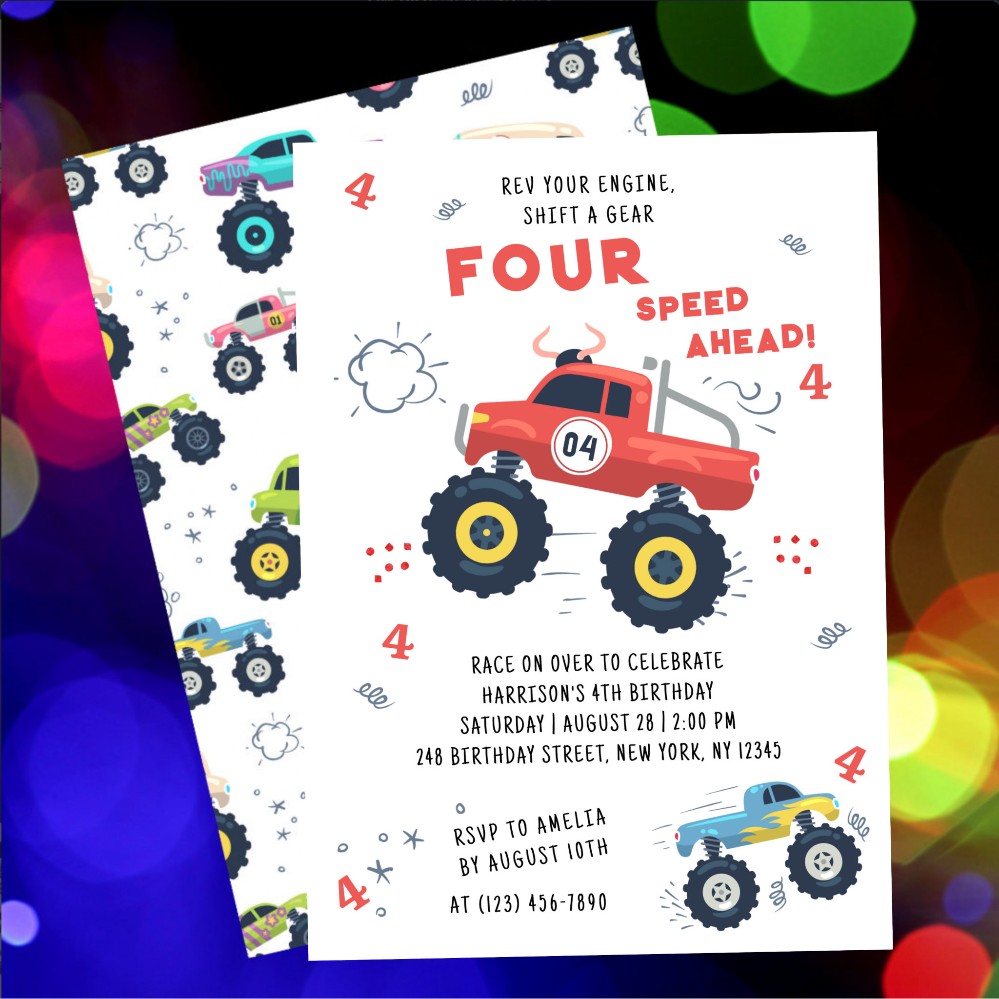 Rev Your Engine 4th Birthday Monster Car Trucks Invitation