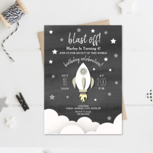 Rocket Ship + Stars Neutral Birthday Party Invitation