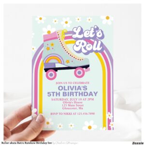 Roller skate Retro Rainbow Birthday Inv Invitation