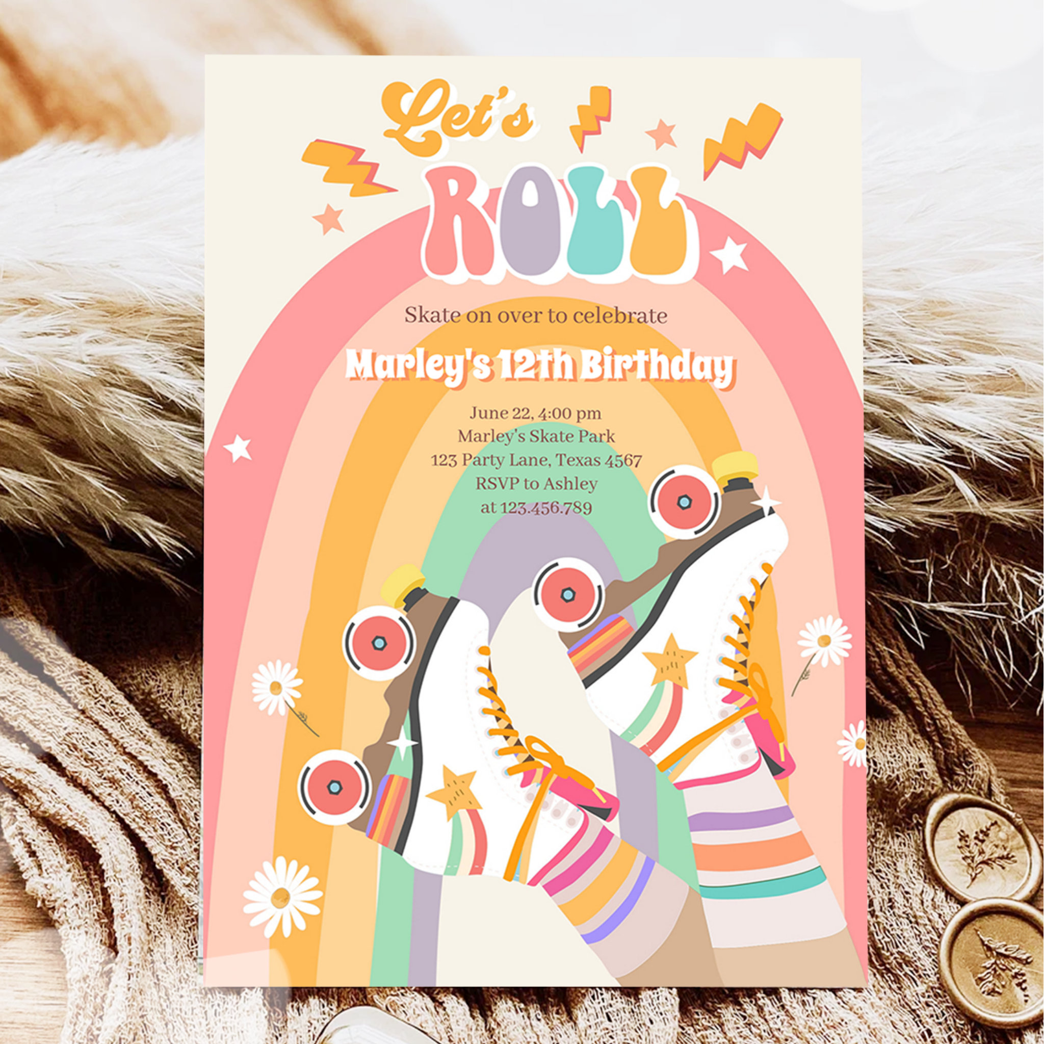 Roller Skate Skating Retro Groovy Birthday Party I Invitation