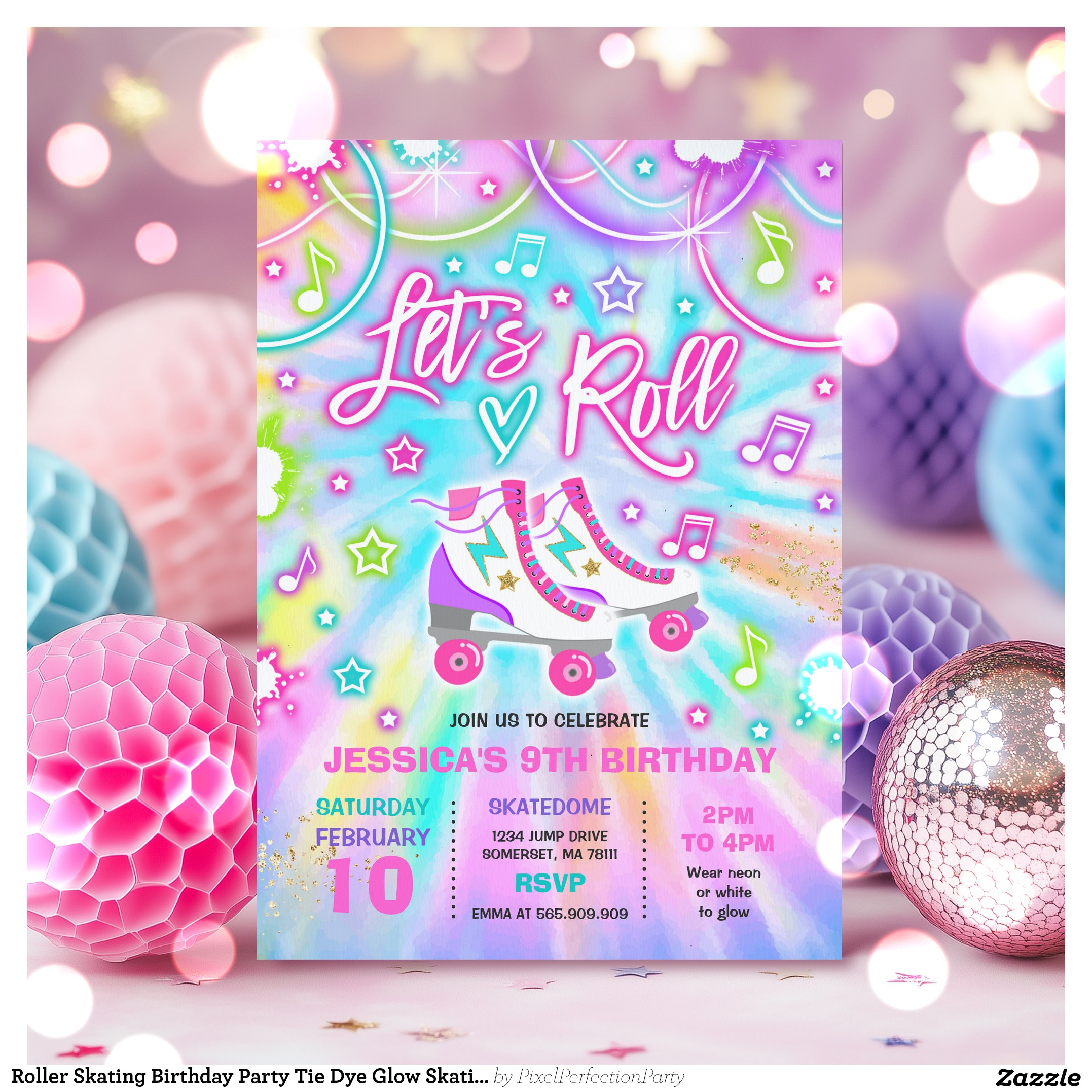 Roller Skating Birthday Party Tie Dye Glow Skating Invitation