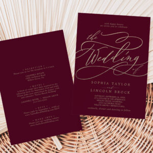 Romantic Burgundy Calligraphy All In One Wedding Invitation