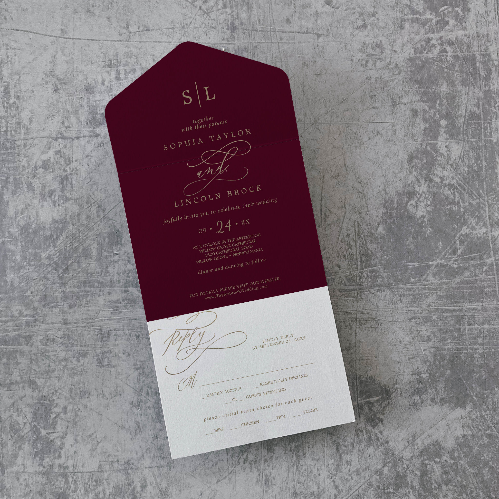 Romantic Burgundy Calligraphy Monogram Wedding All All In One Invitation