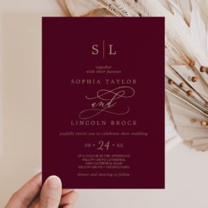 Romantic Burgundy Calligraphy Monogram Wedding Invitation