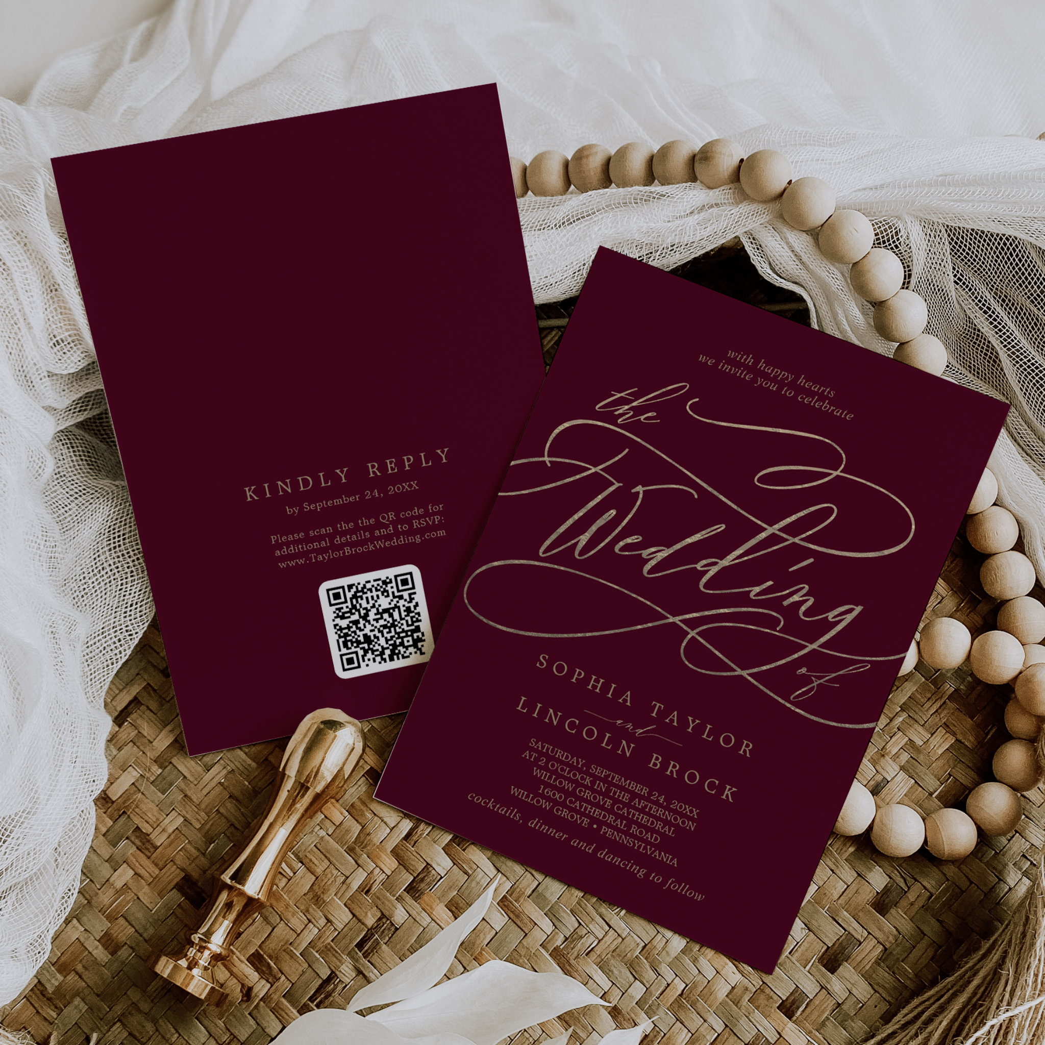 Romantic Burgundy QR Code All In One Wedding Invitation