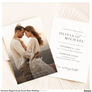 Romantic Elegant Script Sunset Photo Wedding Invitation