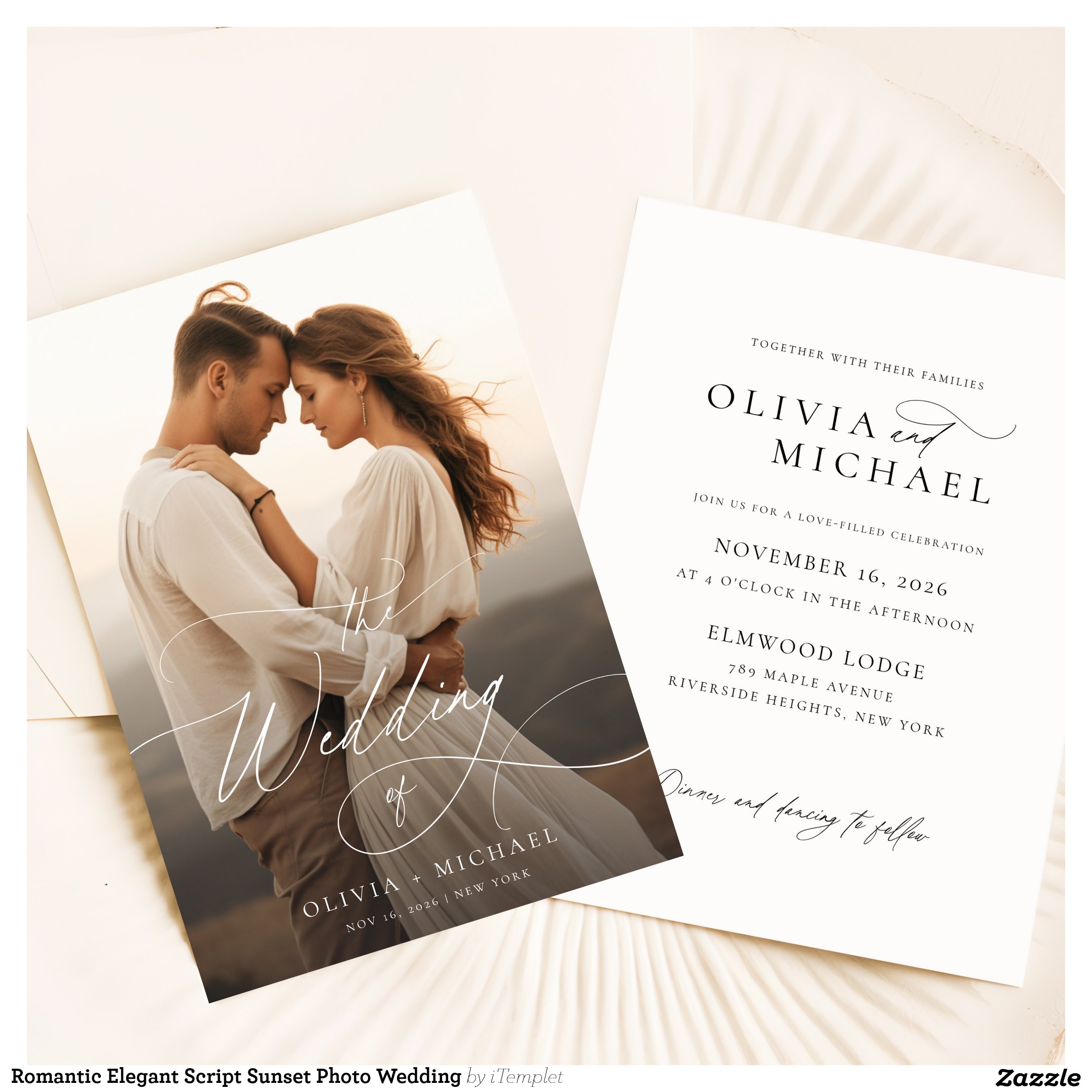 Romantic Elegant Script Sunset Photo Wedding Invitation