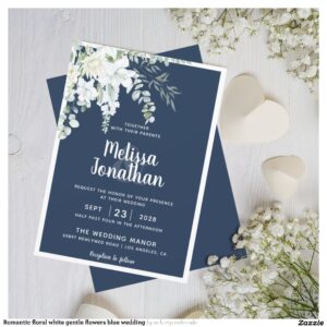 Romantic floral white gentle flowers blue wedding invitation