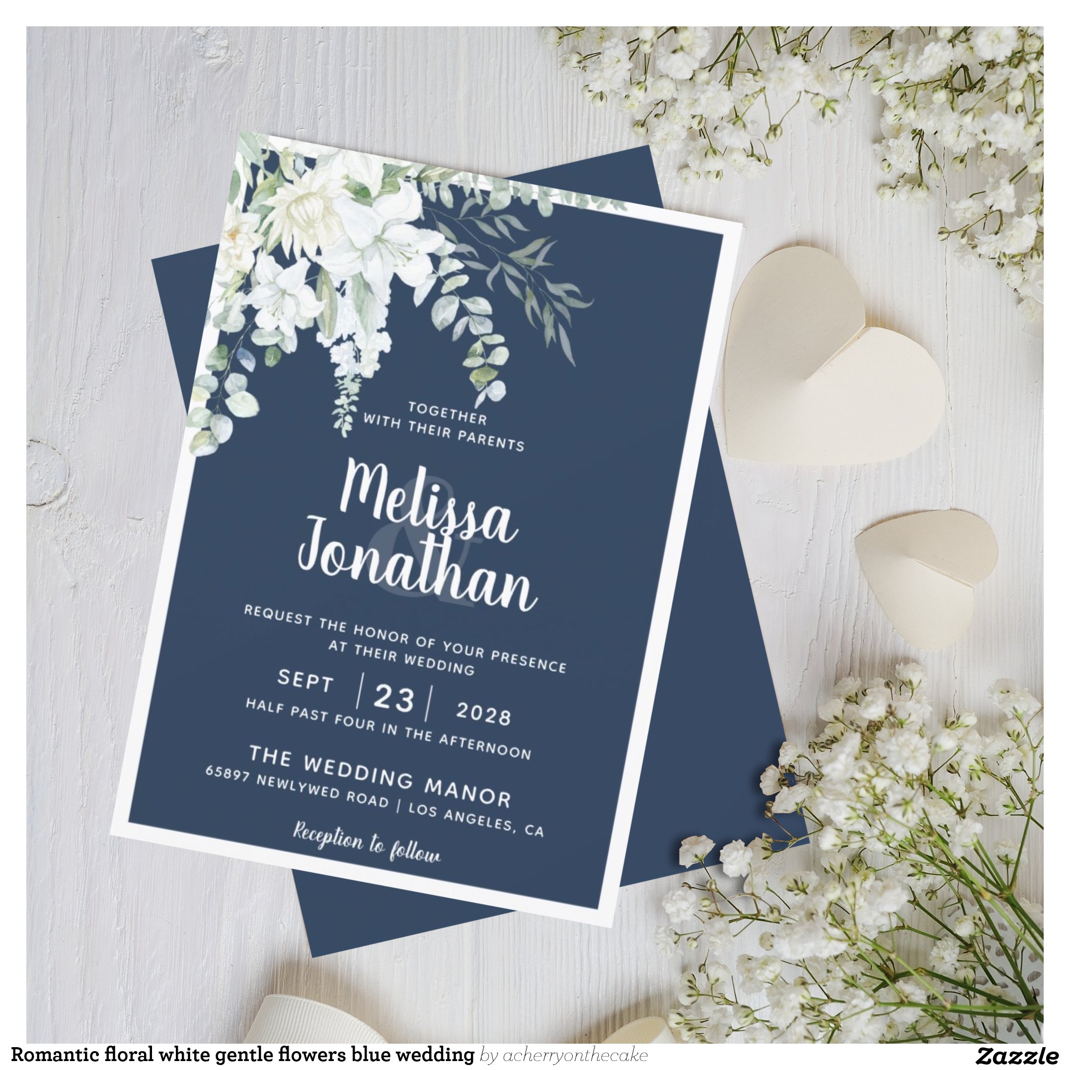 Romantic floral white gentle flowers blue wedding invitation