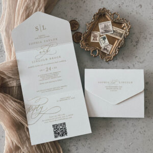 Romantic Gold Calligraphy Monogram QR Code Wedding All In One Invitation
