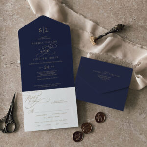 Romantic Gold Calligraphy   Navy Monogram Wedding  All In One Invitation