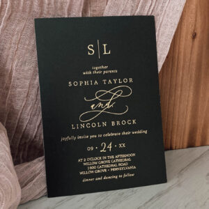 Romantic Gold Foil   Black Monogram Wedding Foil Invitation