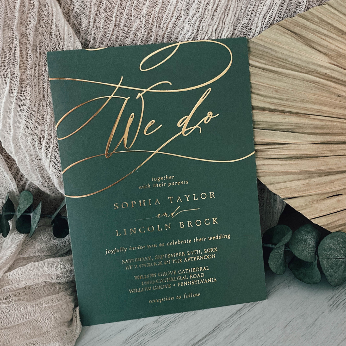 Romantic Gold Foil Emerald Flourish We Do Wedding Foil Invitation