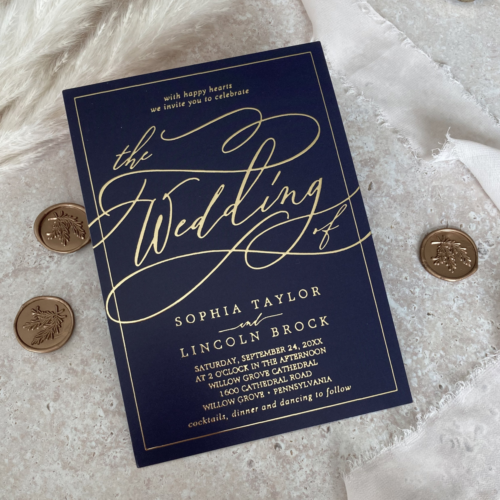 Romantic Gold Foil   Navy Blue Frame Wedding Foil Invitation