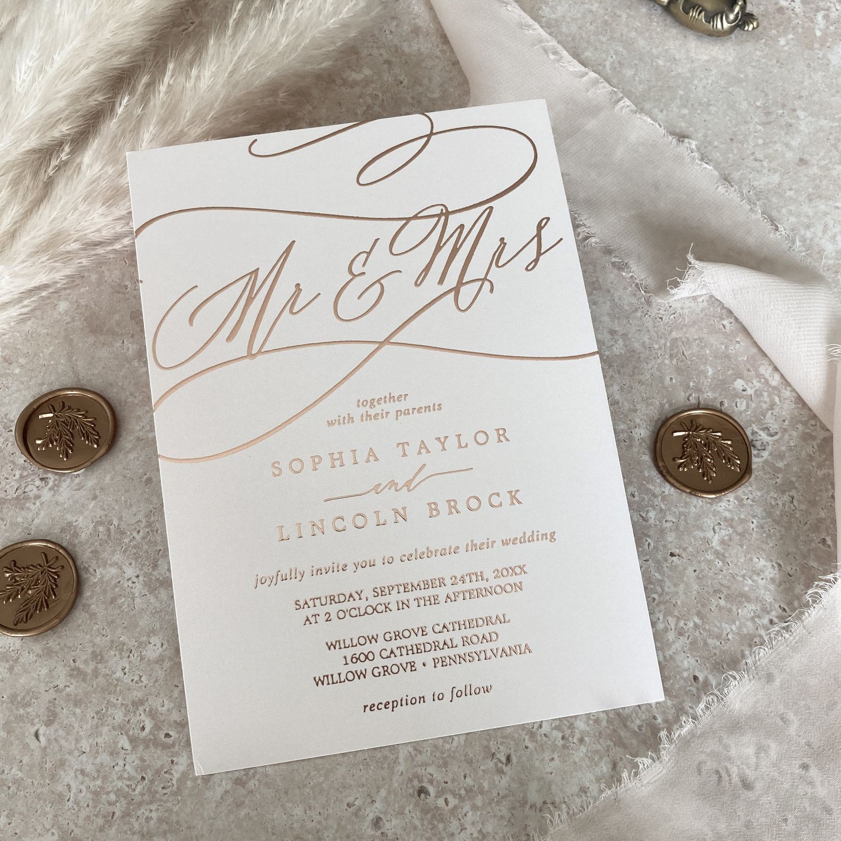 Romantic Rose Gold Foil   Blush Mr & Mrs Wedding Foil Invitation