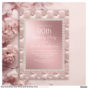 Rose Gold Blush Pink White 90th Birthday Party Invitation