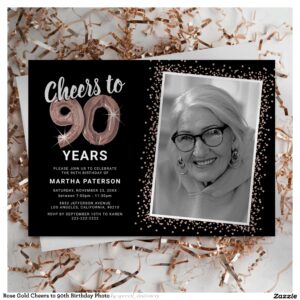 Rose Gold Cheers to 90th Birthday Photo Invitation
